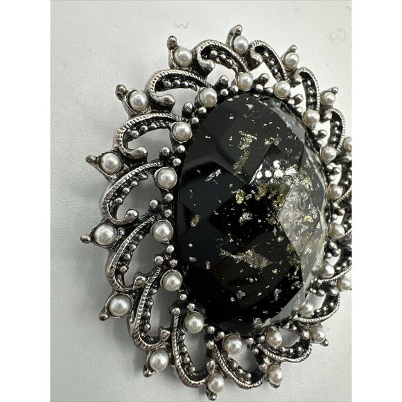 Vintage Stone & Faux Pearl Silver Brooch,  Black, J-01-19 - Picture 6 of 11